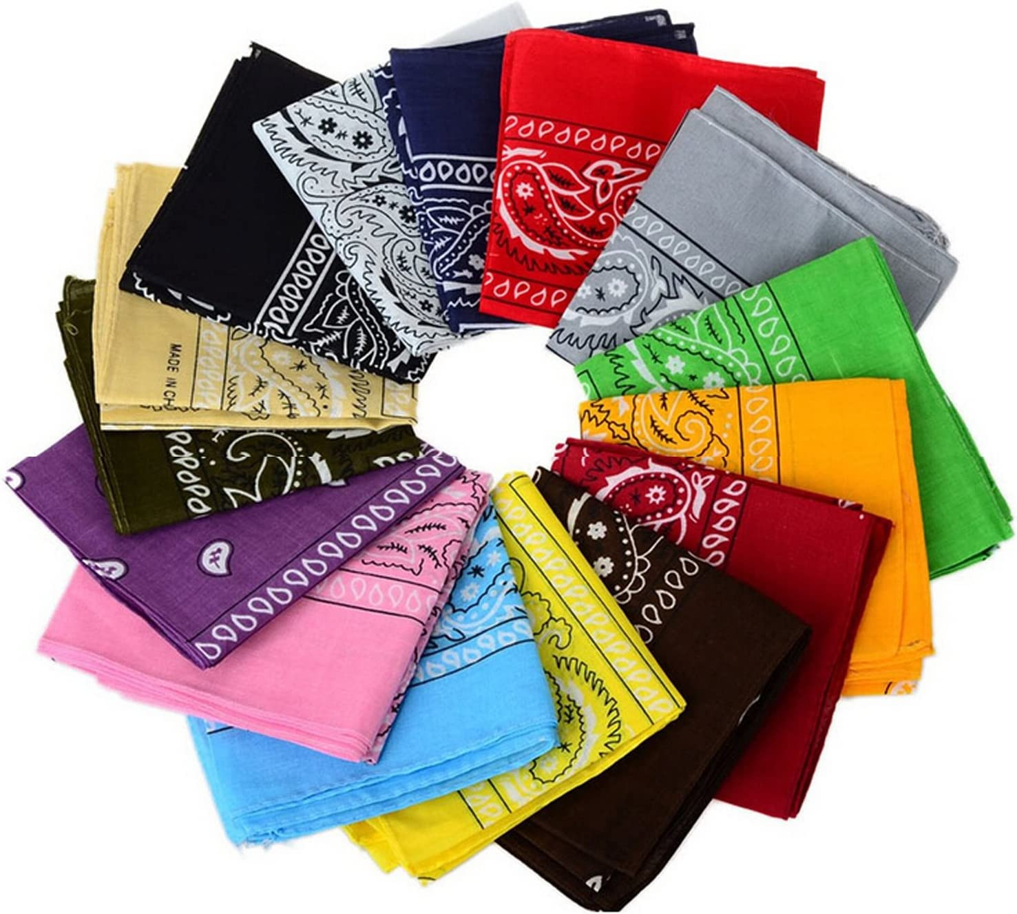One Dozen/12Pcs Assorted Bandanas 22X22 Inch 100% Cotton Novelty Double Sided Pr