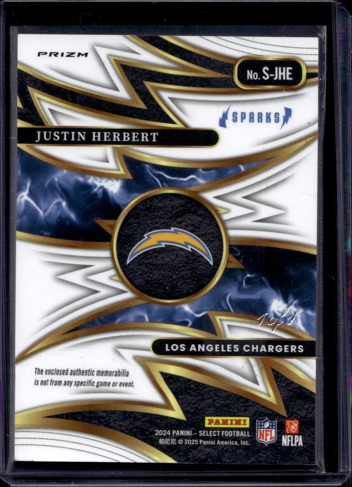 2024 Panini Select Justin Herbert Sparks Black Laundry NFL Shield 1/1 Chargers