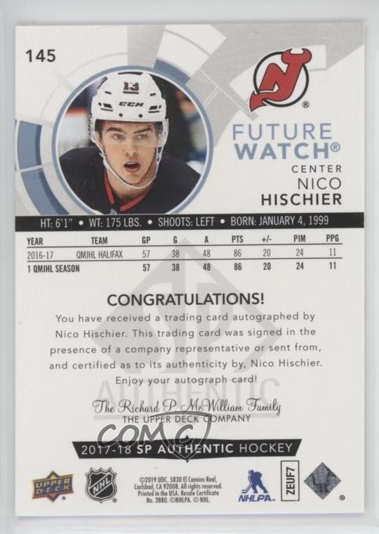 2017-18 SP Authentic Future Watch 795/999 Nico Hischier #145 Rookie Auto RC 0fo5