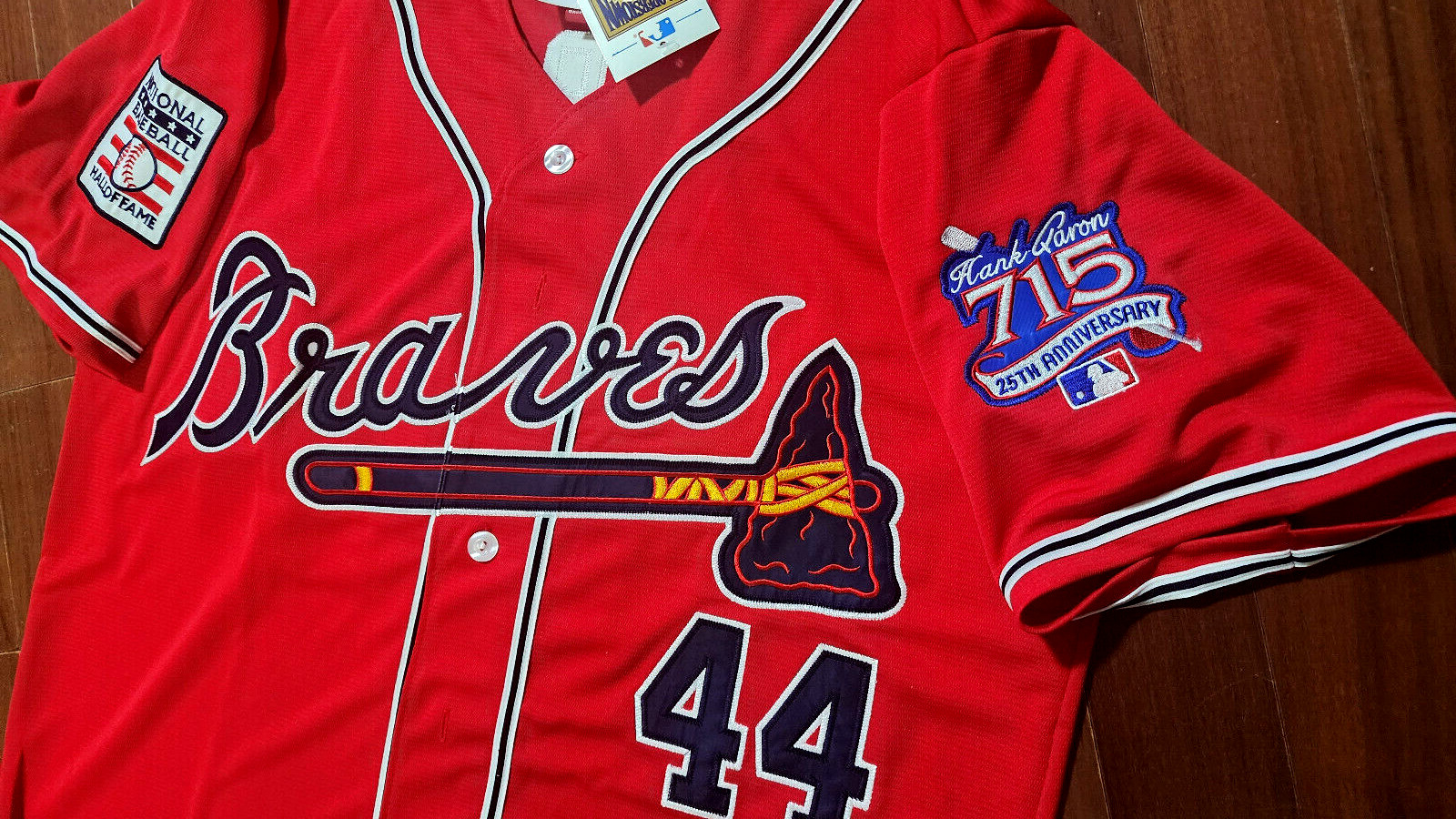 Brand New! Atlanta Braves #44 Hank Aaron Cooperstown 2patch sewn Jersey Red Mens