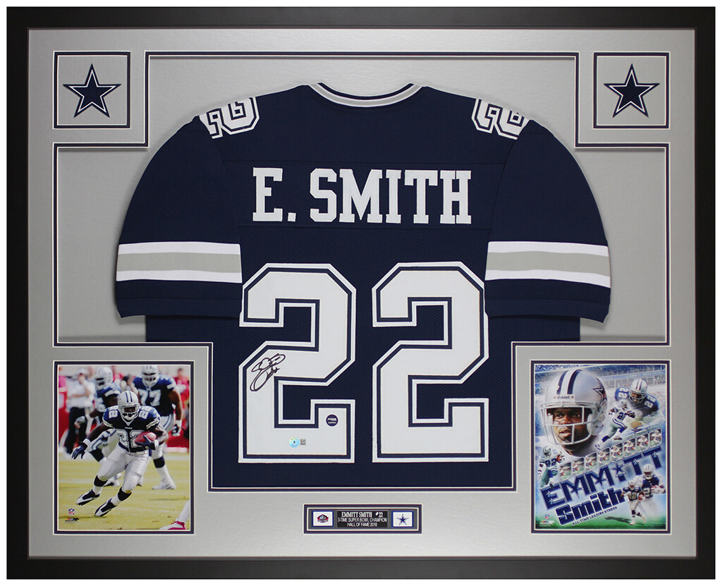 Emmitt Smith Autographed & Framed Blue Dalllas Cowboys Jersey Auto Beckett Cert