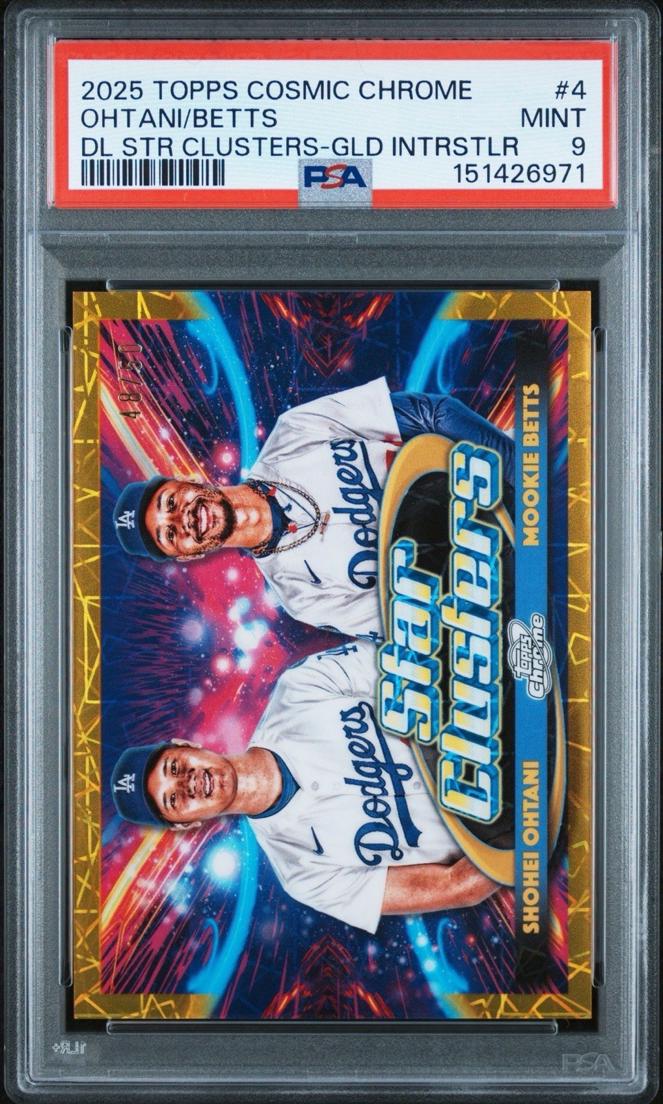 2025 Topps Cosmic Chrome – Star Clusters Ohtani Betts DSC-4 Gold Inter PSA 9 /50
