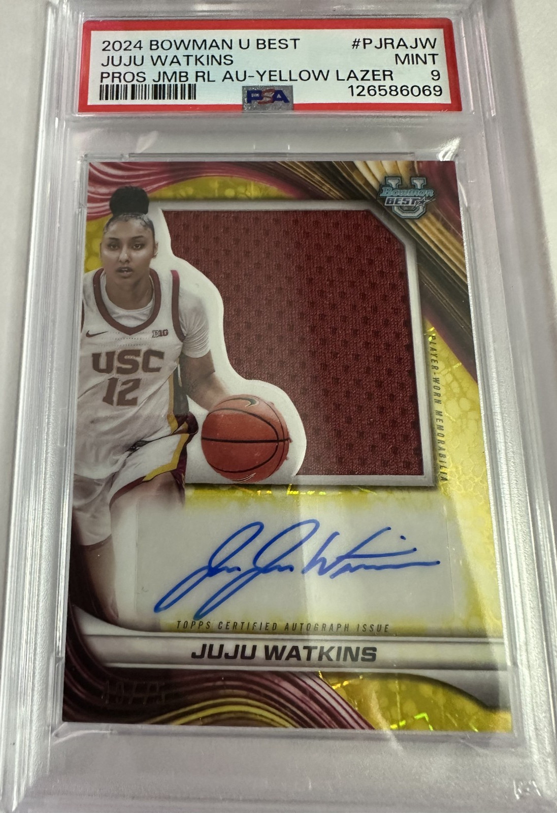 2024 Juju Watkins Bowman University Best Prospect Jumbo Relic Auto /75 PSA 9