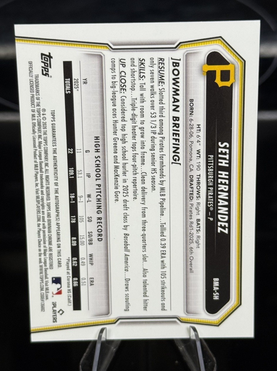2026 Bowman Chrome Seth Hernandez Rookie Auto Mojo Refractor – Pirates