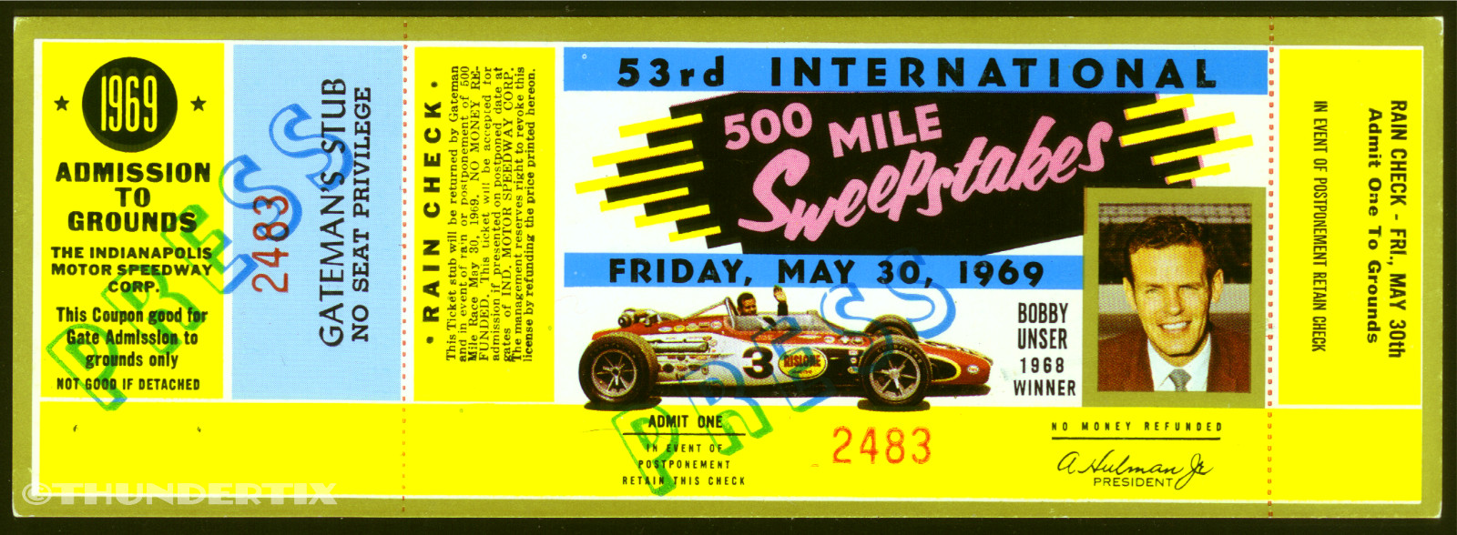 1 1969 INDIANAPOLIS INDY 500 AUTO RACING UNUSED FULL TICKET laminated reprint