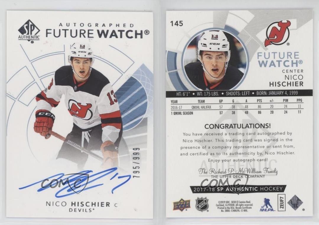 2017-18 SP Authentic Future Watch 795/999 Nico Hischier #145 Rookie Auto RC 0fo5