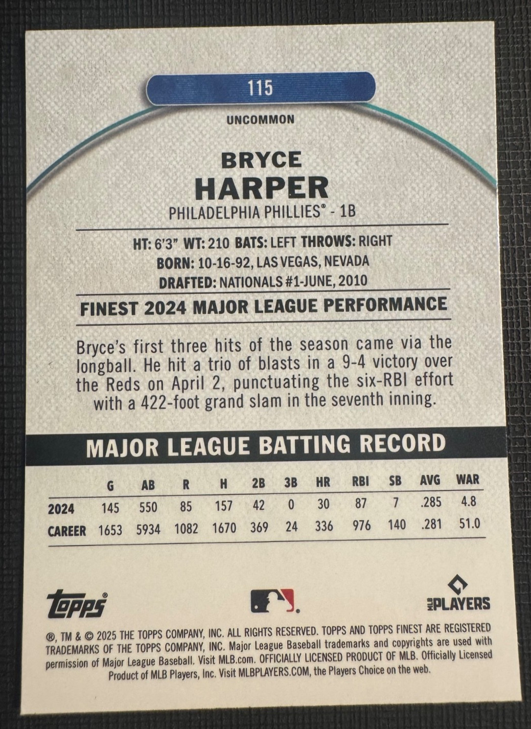 2025 Topps Finest Uncommon – Bryce Harper (#115) Phillies