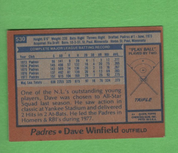 1978 TOPPS Baseball DAVE WINFIELD #530 San Diego PADRES EX Condition