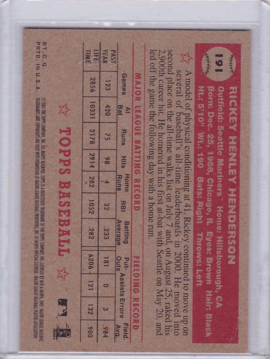 2001 Topps Heritage Baseball Card #191 Rickey Henderson Seattle Mariners – NM-Mt