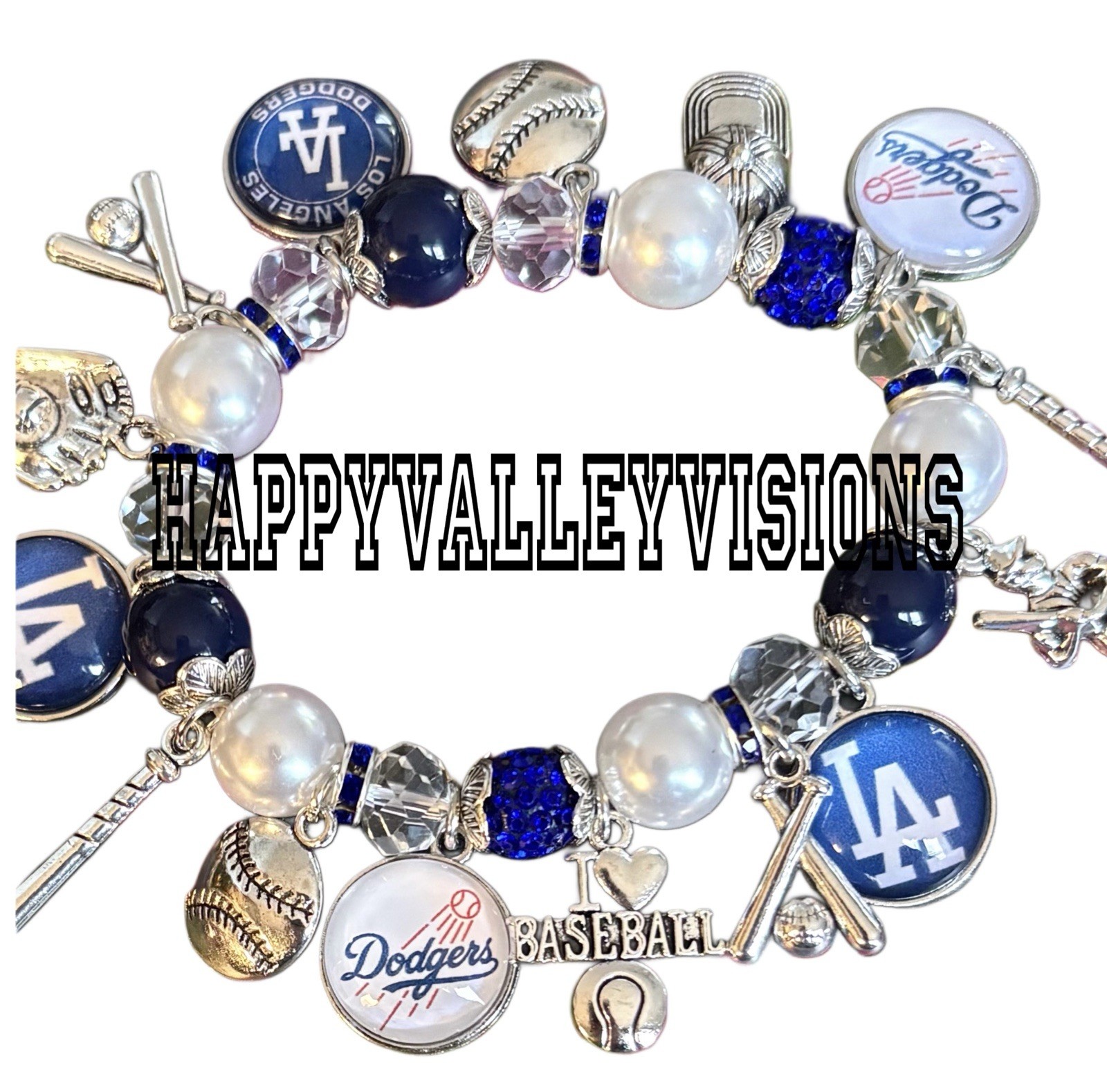 Women’s LOS ANGELES DODGERS Baseball Charm Bracelet Metal Glass Charms Stretchy