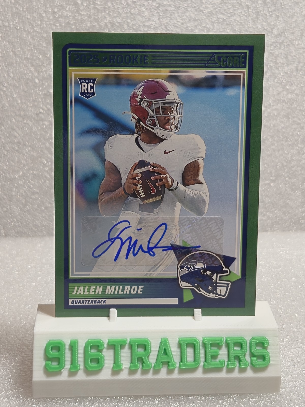 Jalen Milroe RC 2025 Panini Score Football Green Auto #29 Seattle Seahawks QB