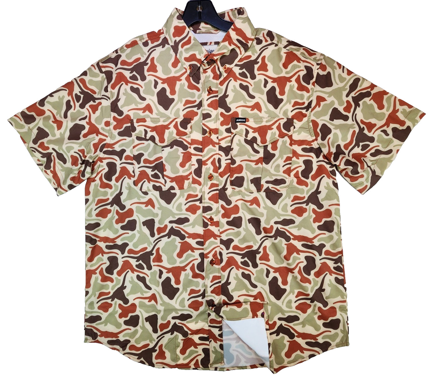 Amigo UT Texas Longhorns Bevo Primero SS Shirt Camo Mens L Vented Wicking UPF
