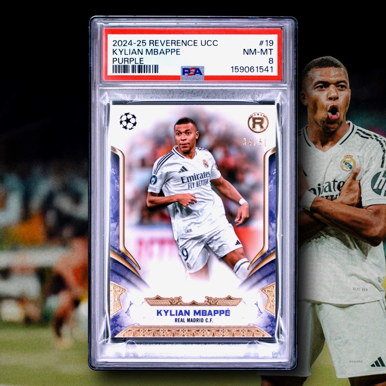 KYLIAN MBAPPE PURPLE 34/50 #19 ⚽🏆🔥 2024-25 TOPPS REVERENCE UEFA CLUB PSA 8