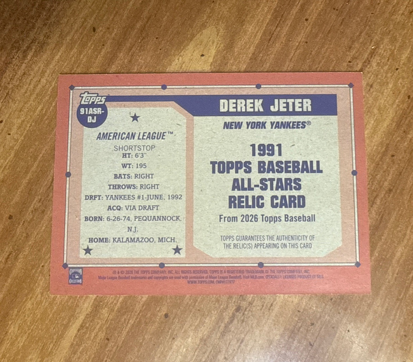 Topps Derek Jeter 1991 Baseball All-Stars Relic #91ASR-DJ Yankees MLB