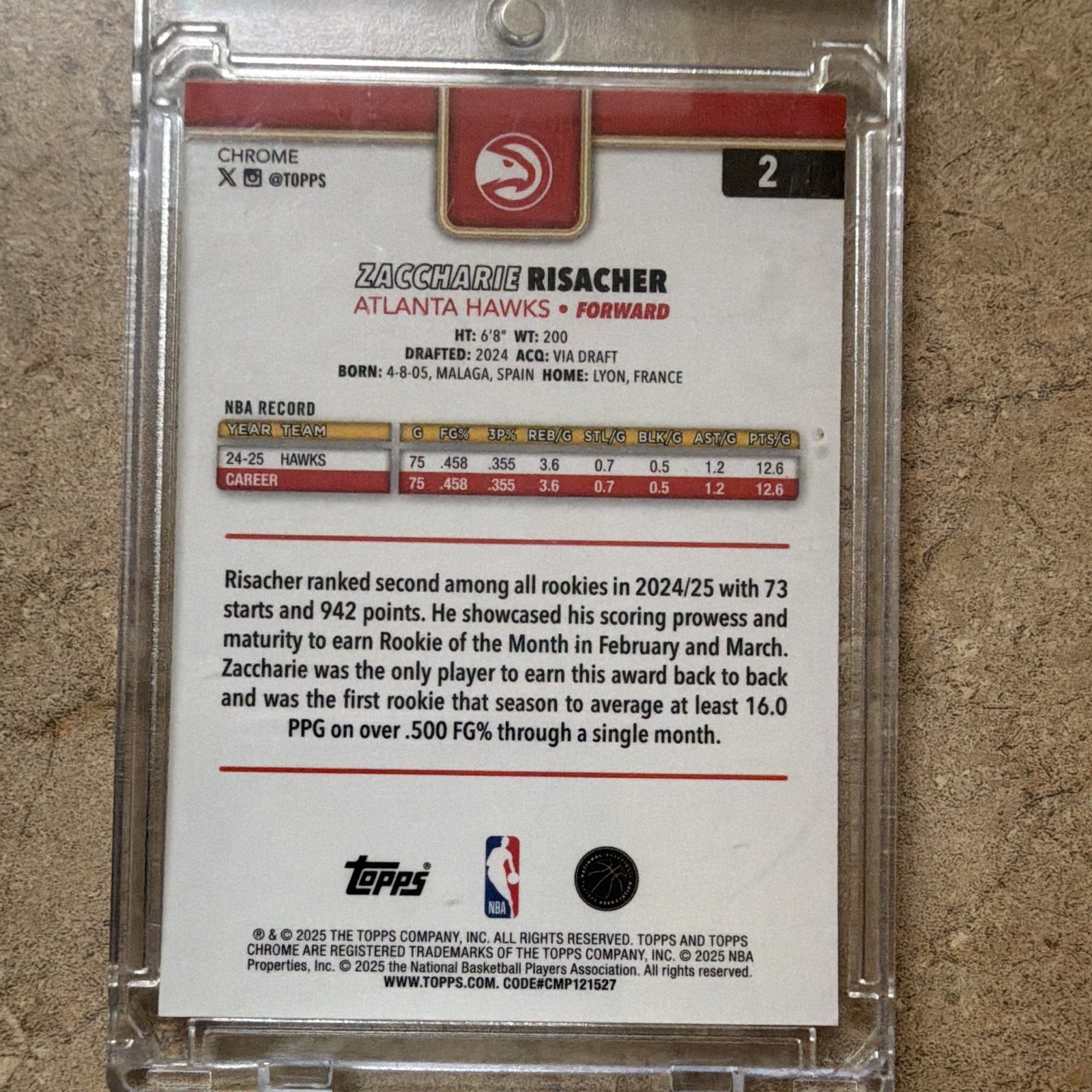 Topps 2024-25 Topps Chrome Zaccharie Risacher Hawks Blue Parallel #2 013/150