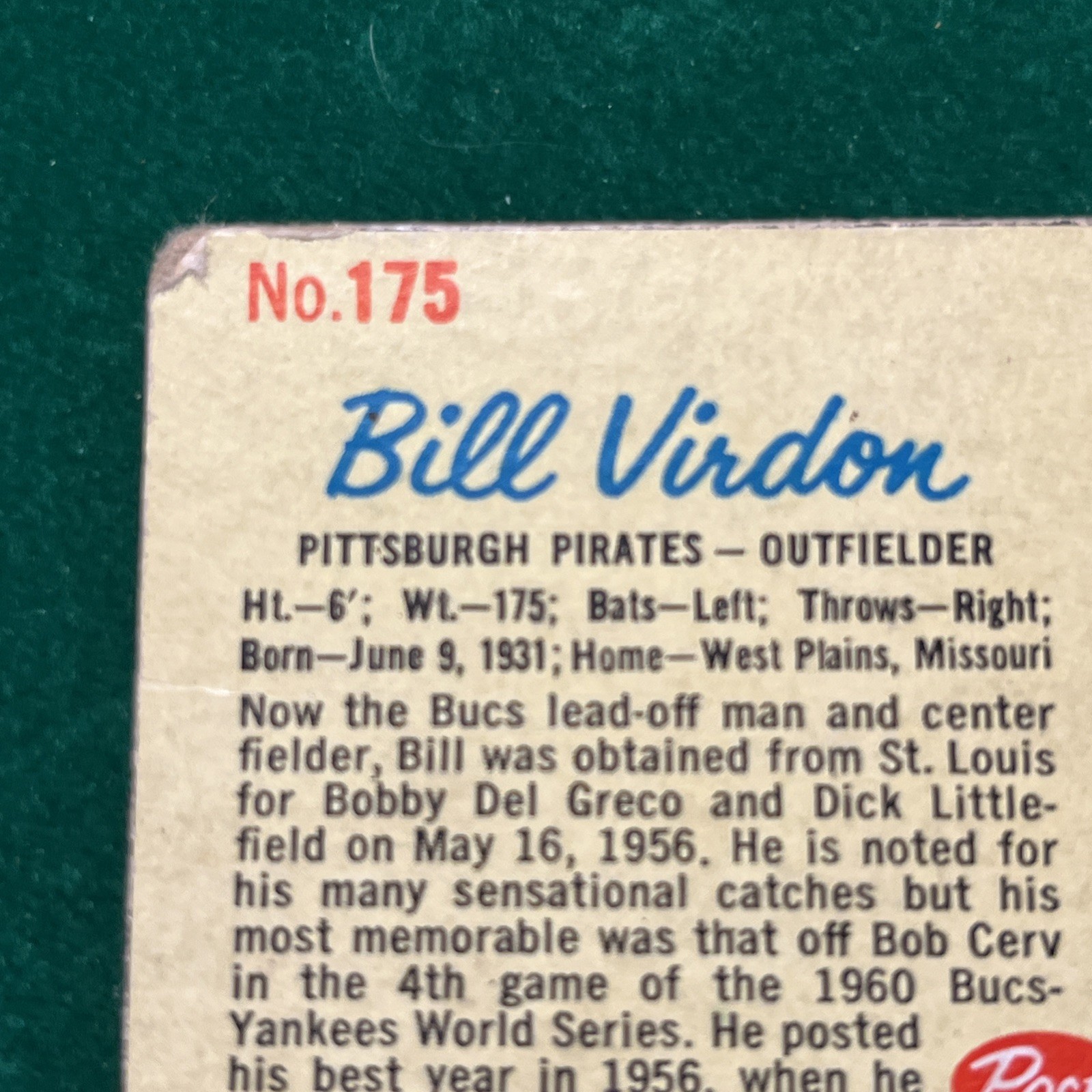 1962 Post – Bill Virdon #175