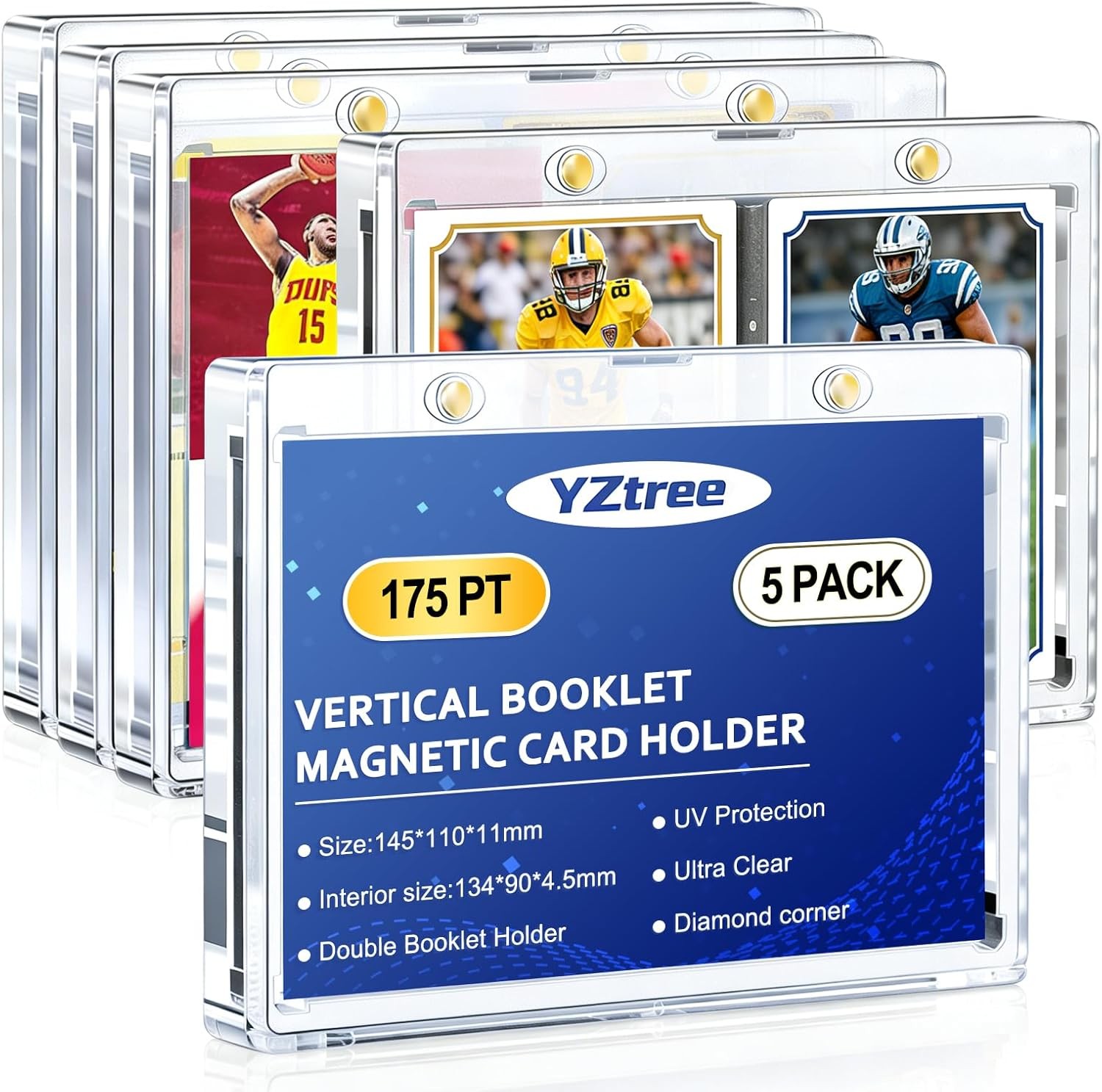 5PACK Magnetic Trading Card Holders 175PT Vertical Double Booklet UV Protection