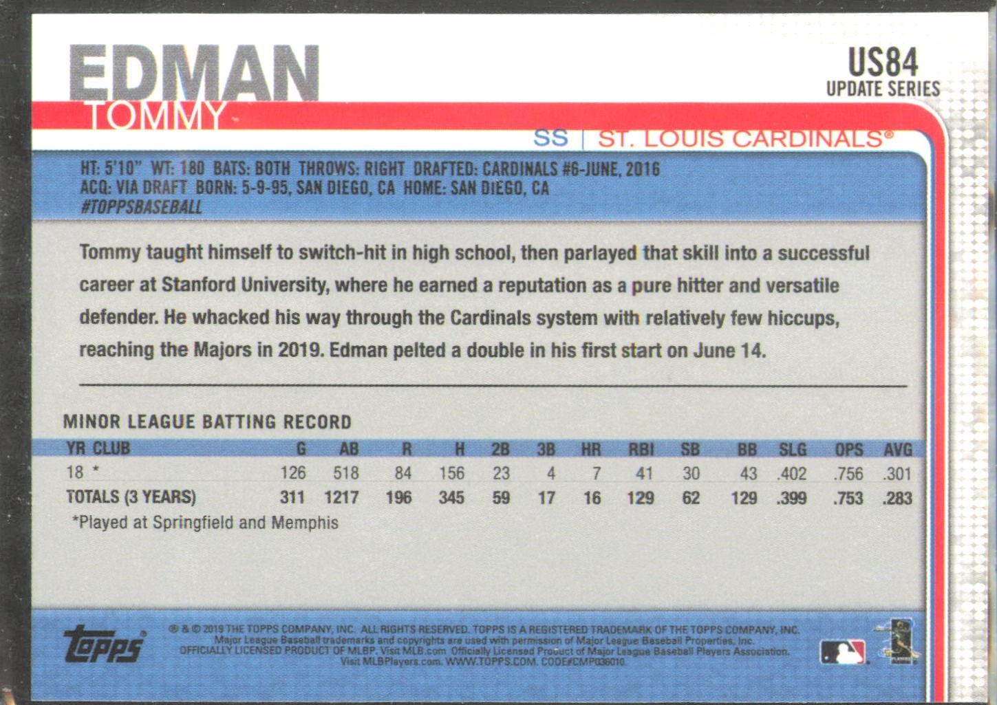 2019 Topps Update Series Tommy Edman Rookie Card #US84 – FAST USA SHIPPING