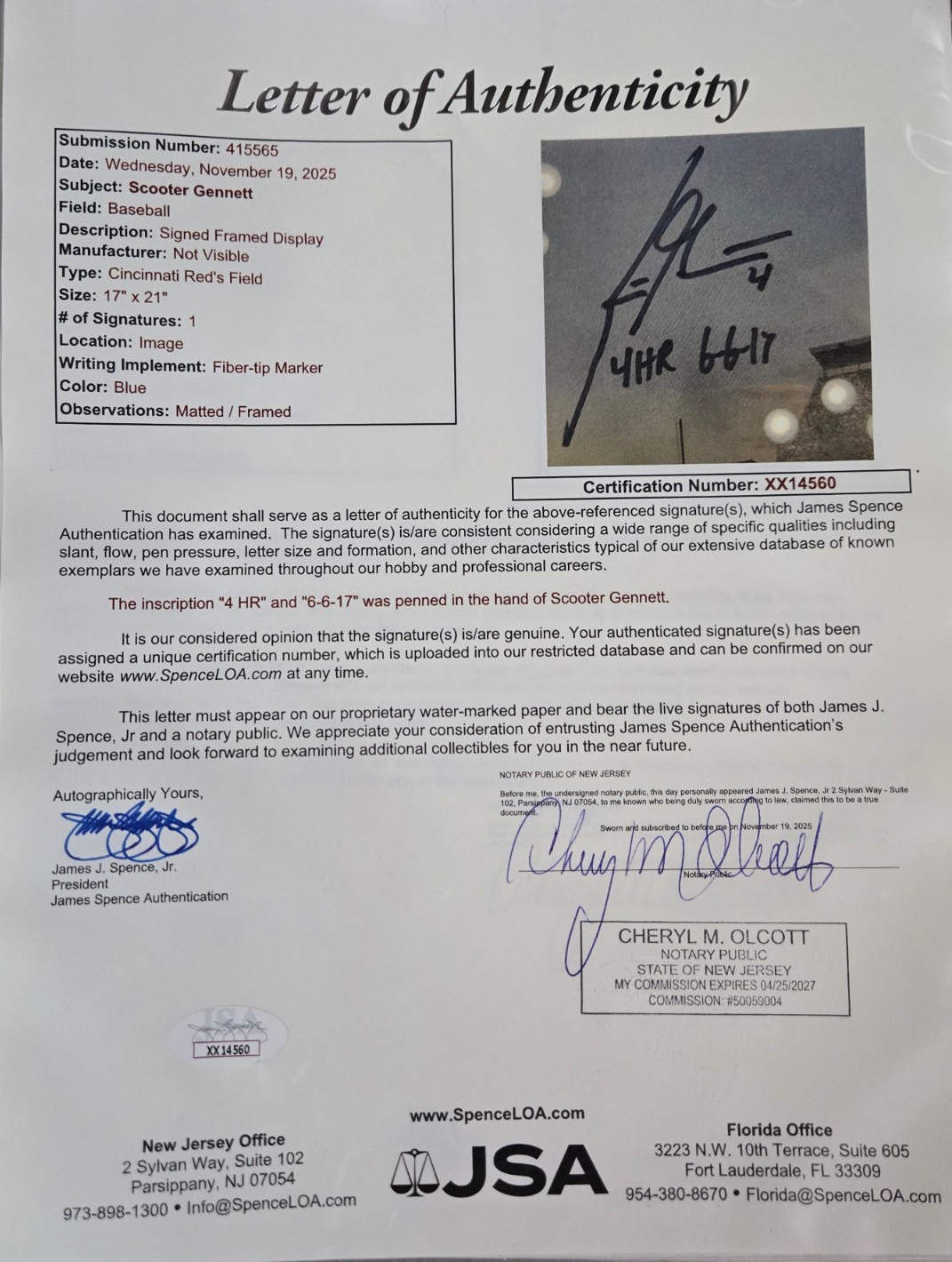 Scooter Gennett JSA Certed Autographed 21×16 4HR Game + 2018 Topps Big League