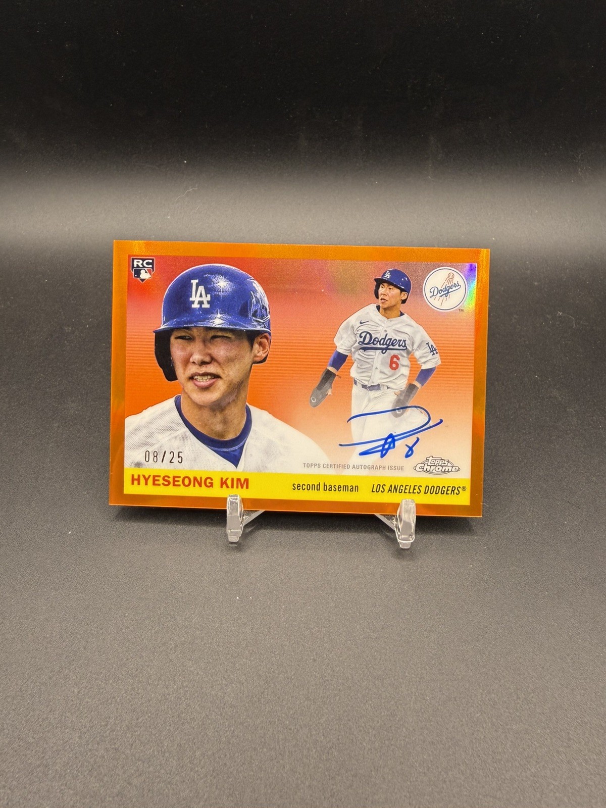 2025 Topps Chrome Platinum #CPA-HK Hyeseong Kim RC Orange Refractor Auto 18/25
