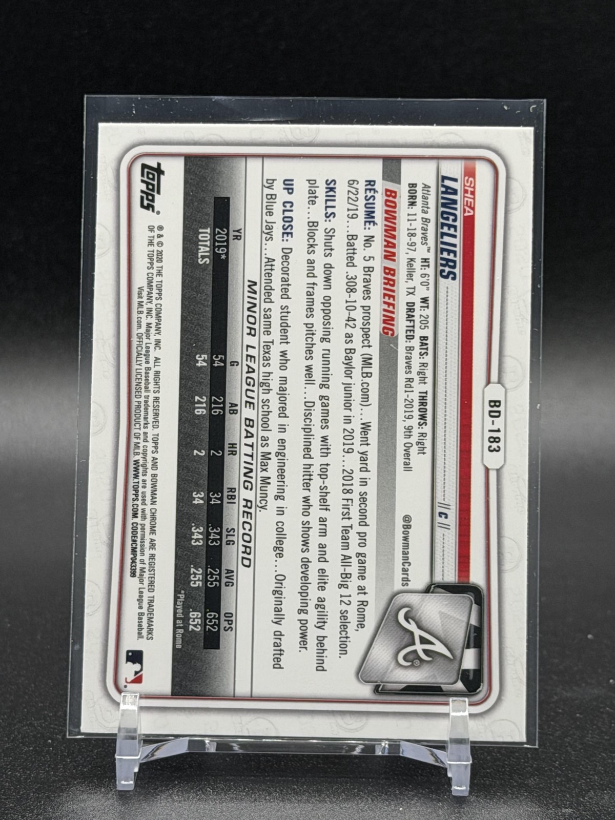 2020 Bowman Draft Sapphire Edition Shea Langeliers #BD-183 A’s Athletics
