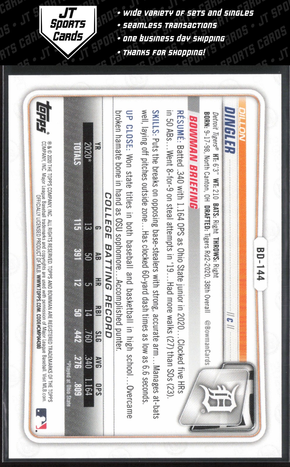 2020 Bowman Draft 1st Edition Dillon Dingler BD-144 1st | Detroit Tigers