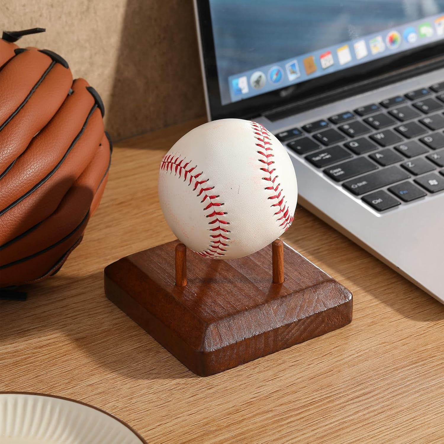 1 Pcs Baseball Display Holders Wooden Baseball Display Base with 3 Supporting Do
