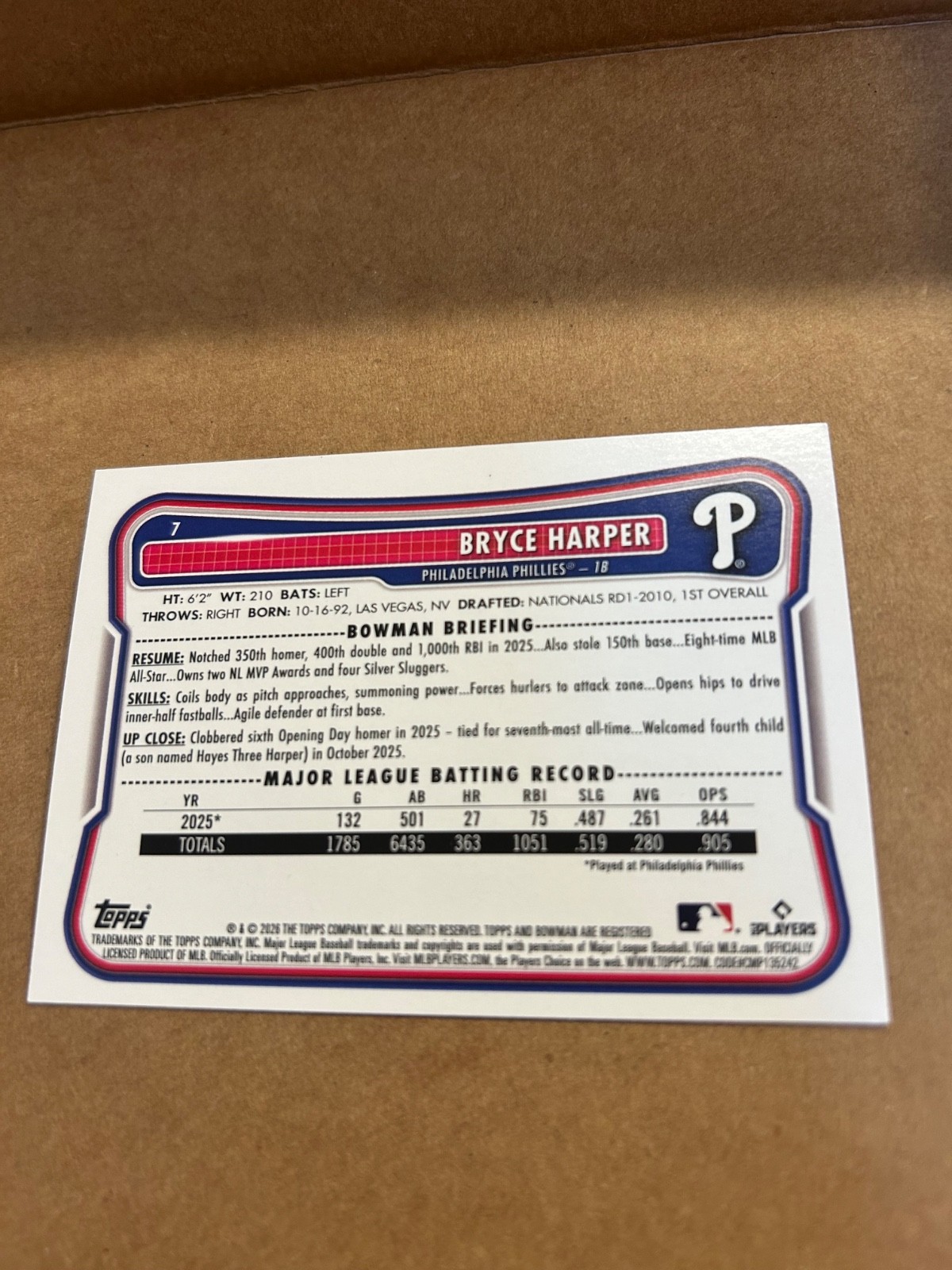 2026 Bowman Bryce Harper #7 Purple Paper 188/250 – Phillies