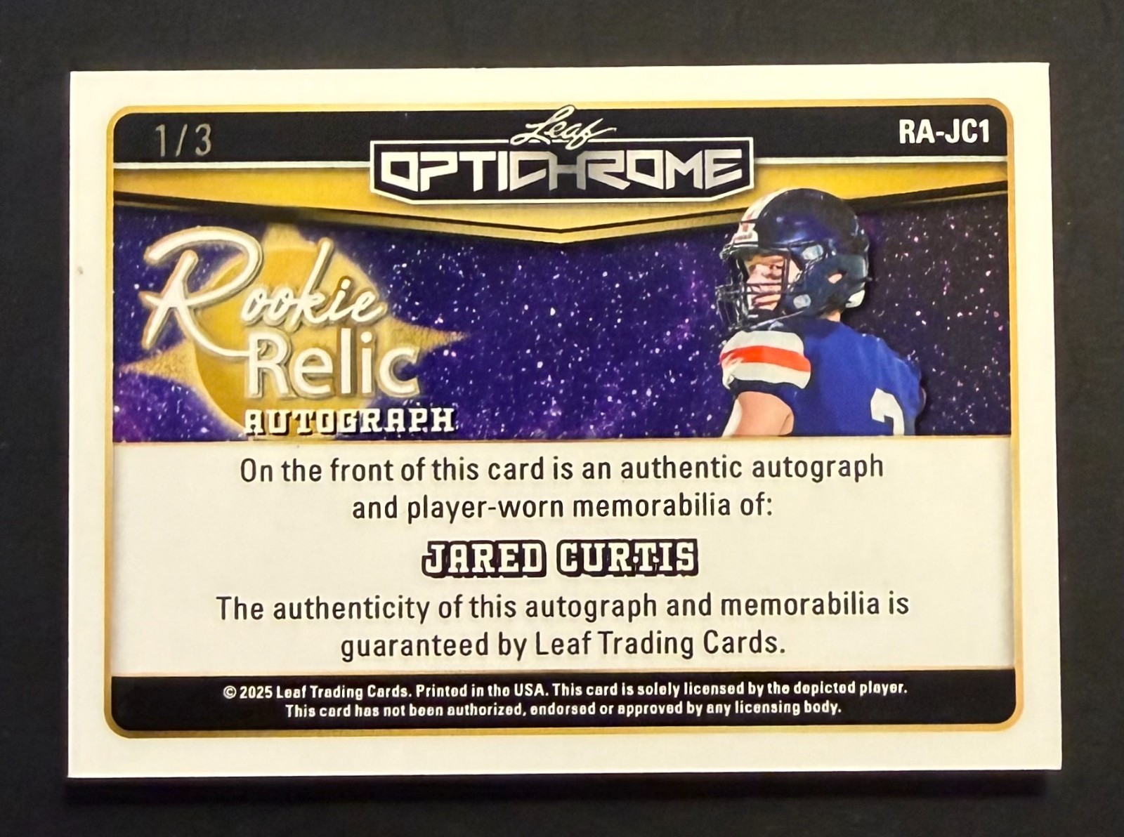 ks 2025 Leaf Optichrome Jared Curtis Rookie Relic Patch Auto #1/3 Blue RA-JC1