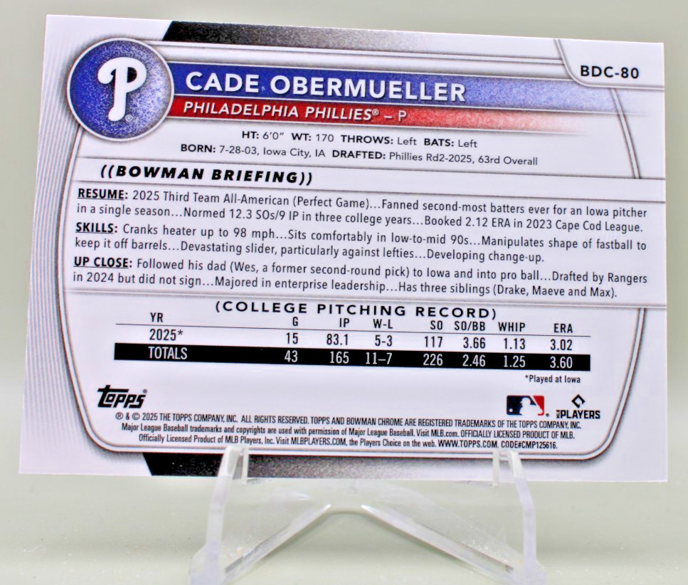 2025 Bowman Draft Chrome Cade Obermueller #BDC-80 Mojo Refractor
