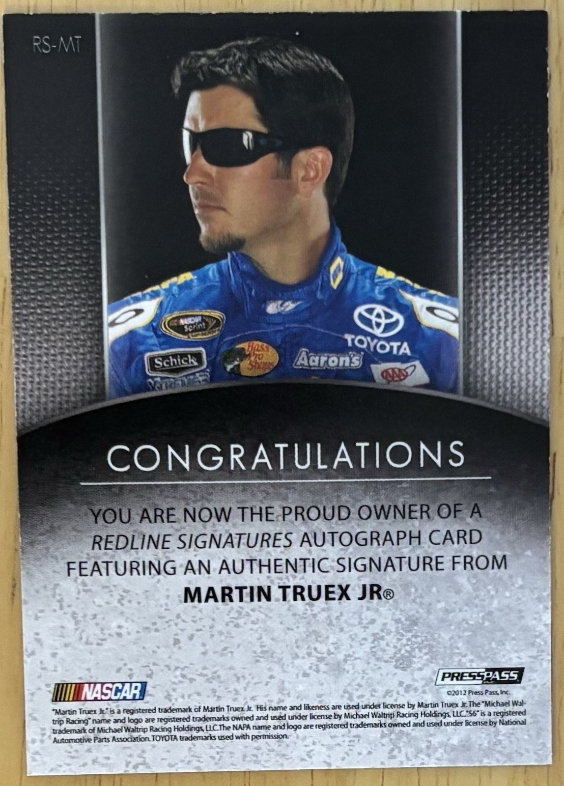 2012 Press Pass Redline Signatures Martin Truex Jr. Autograph On Card Auto /22