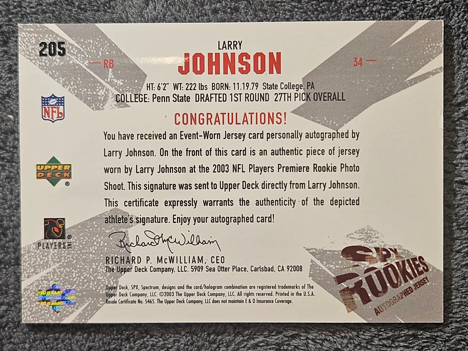 2003 Upper Deck SPx #205 Larry Johnson Rookie RC /1100 Jersey Autograph Auto