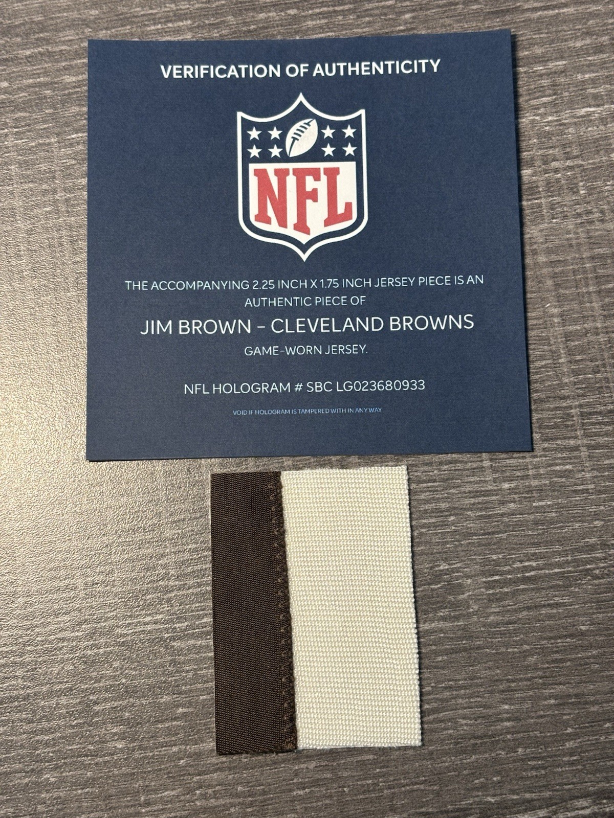 JIM BROWN GAME USED WORN PATCH NFL COA HOLOGRAM CLEVELAND BROWNS HOF GOAT RB