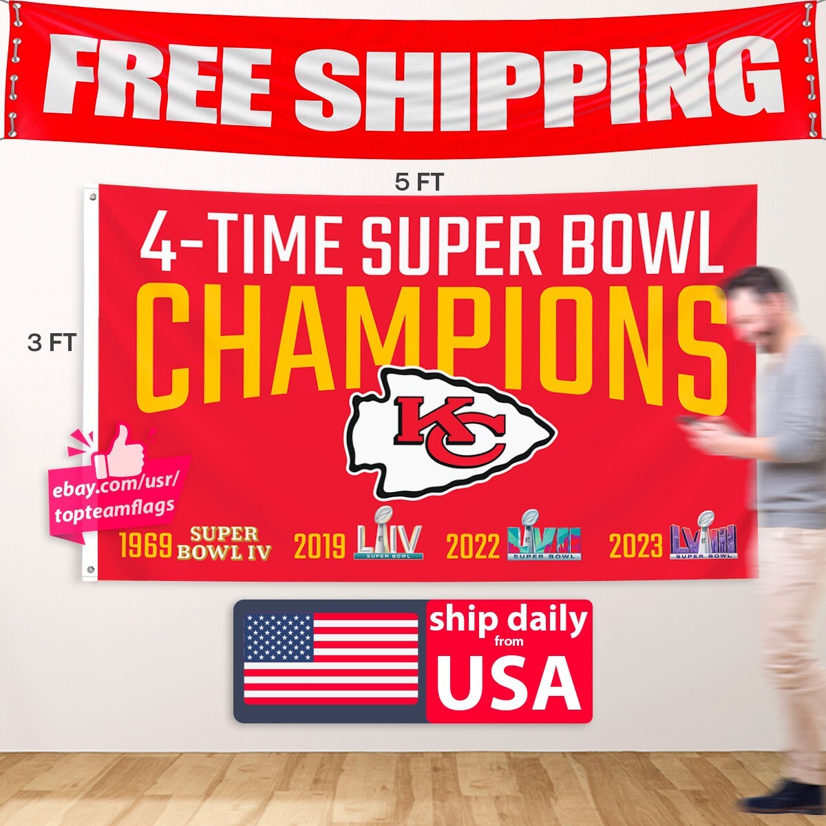 Kansas City Chiefs 3×5 Flag 4 Time Super Bo Flag New Banner KC FREE Shipping NEW