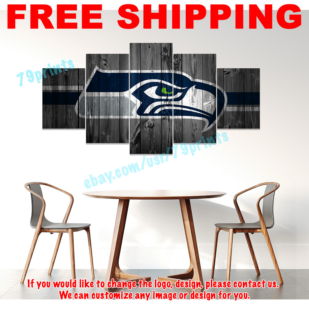 FRAMED 5Pcs Seattle Seahawks Rustic Wood Grain Canvas Print Wall Art Home Decor