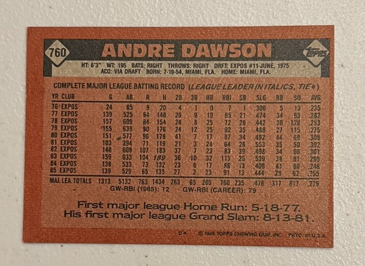 1986 Topps – #760 Andre Dawson Original Buyer HOF Player Mint