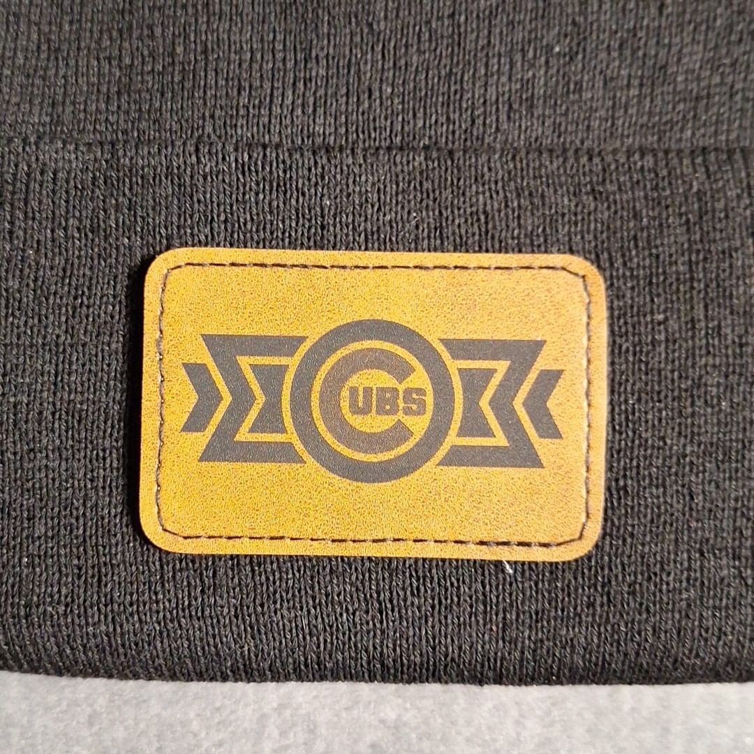 Chicago Cubs Leather Rectangle Patch Black Beanie Cap MLB