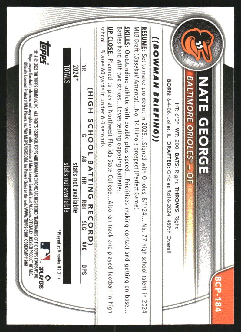 2025 Bowman Chrome Prospects Baseball Card #BCP184 Nate George