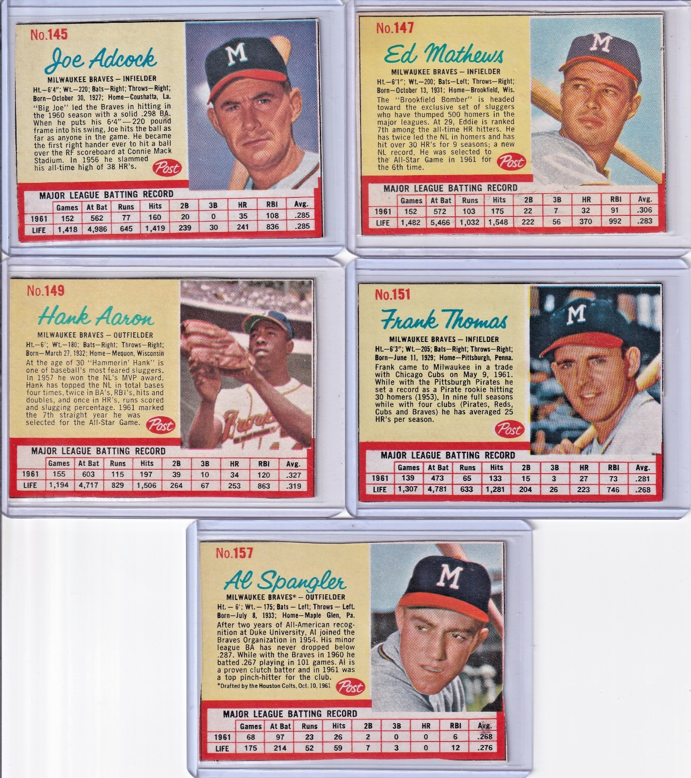 1962 Post Cereal Vintage Baseball -lot of 5 #145 147 149 151 157 -VG/EX!