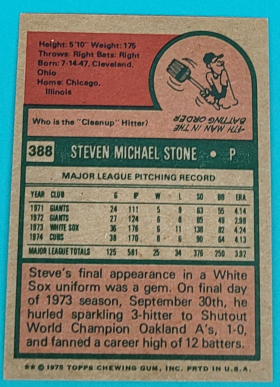 1975 Topps #388 Steve Stone Chicago Cubs Baseball Card H5