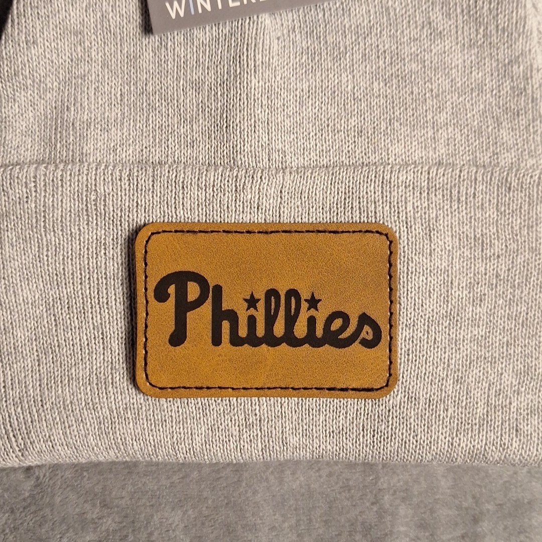 Philadelphia Phillies Leather Rectangle Patch Gray Beanie Cap MLB