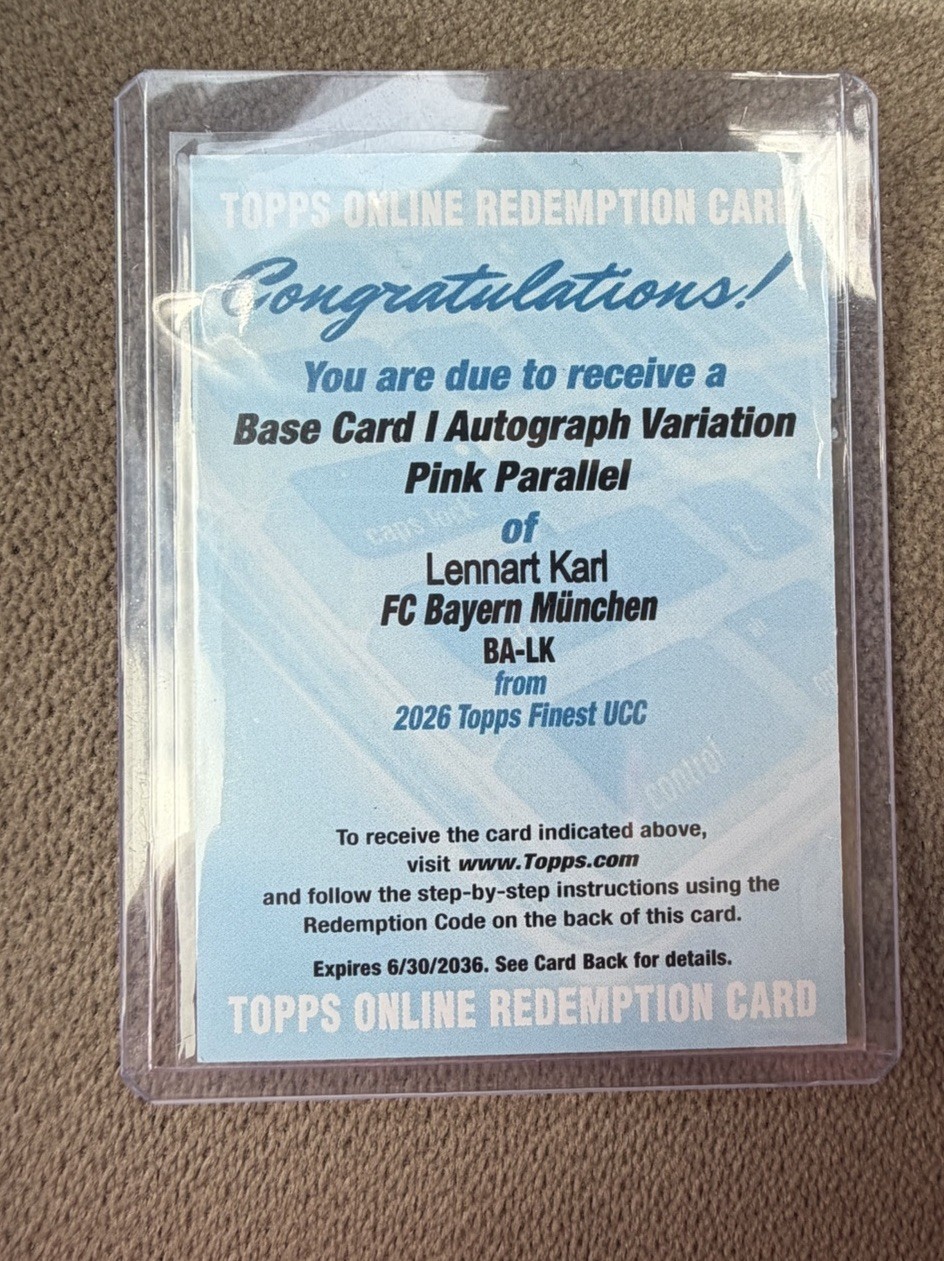 2026 Topps Finest Redemption UCC Lennart Karl Auto Pink Parallel
