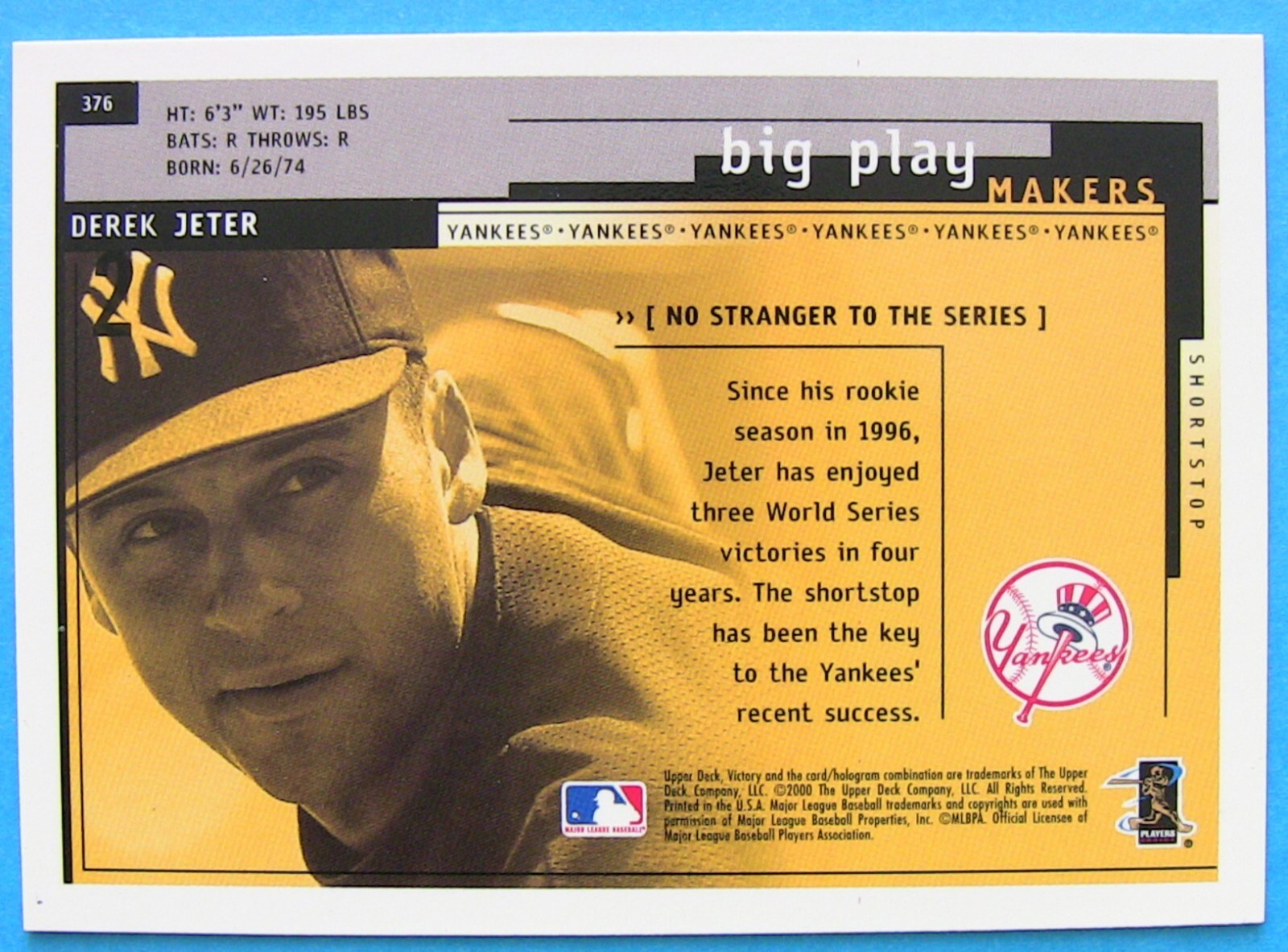 DEREK JETER, 2000 UPPER DECK VICTORY BIG PLAY MAKERS #376, YANKEES