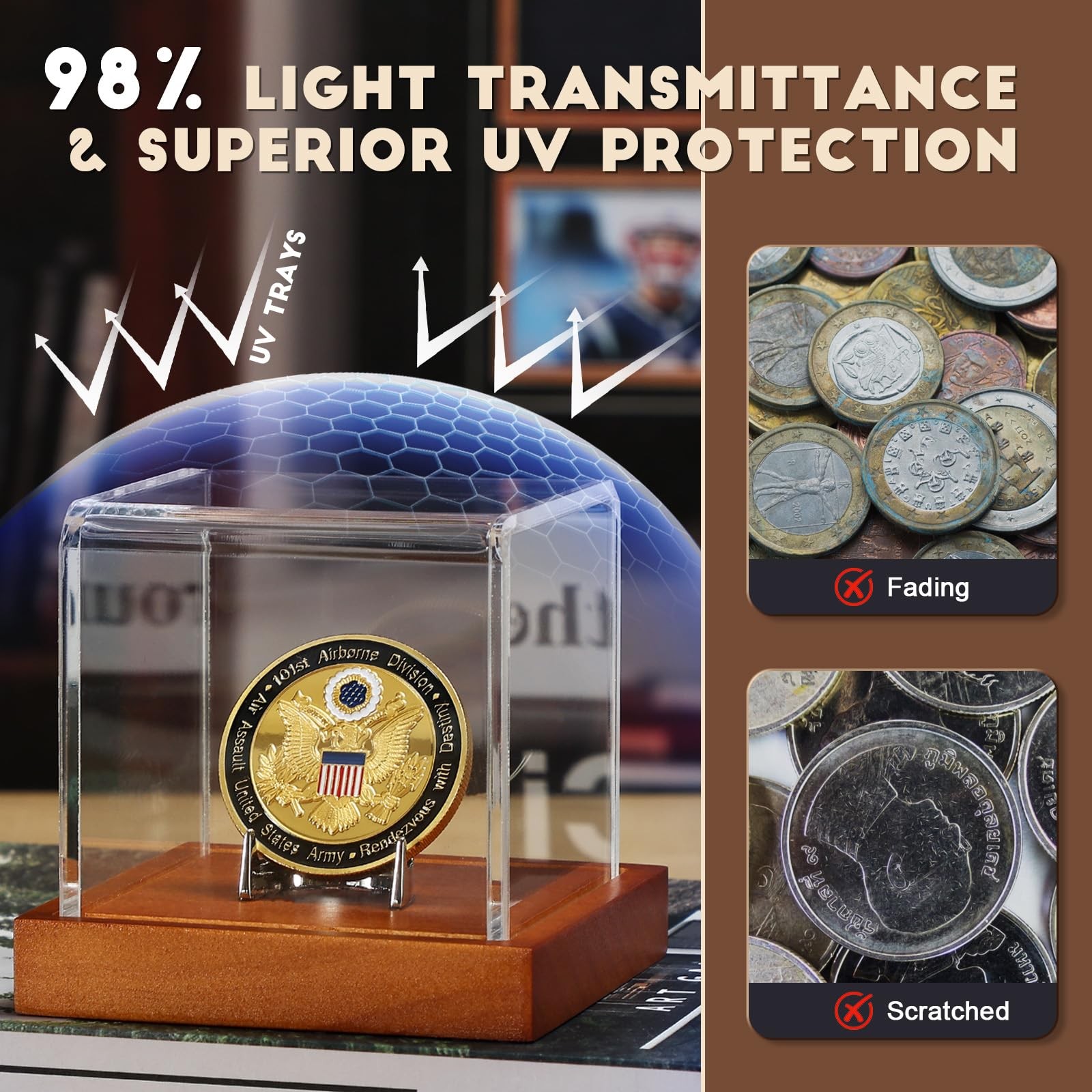 Coin Display Case, Clear Acrylic Showcase with Wood Base & Alloy Holder for S…