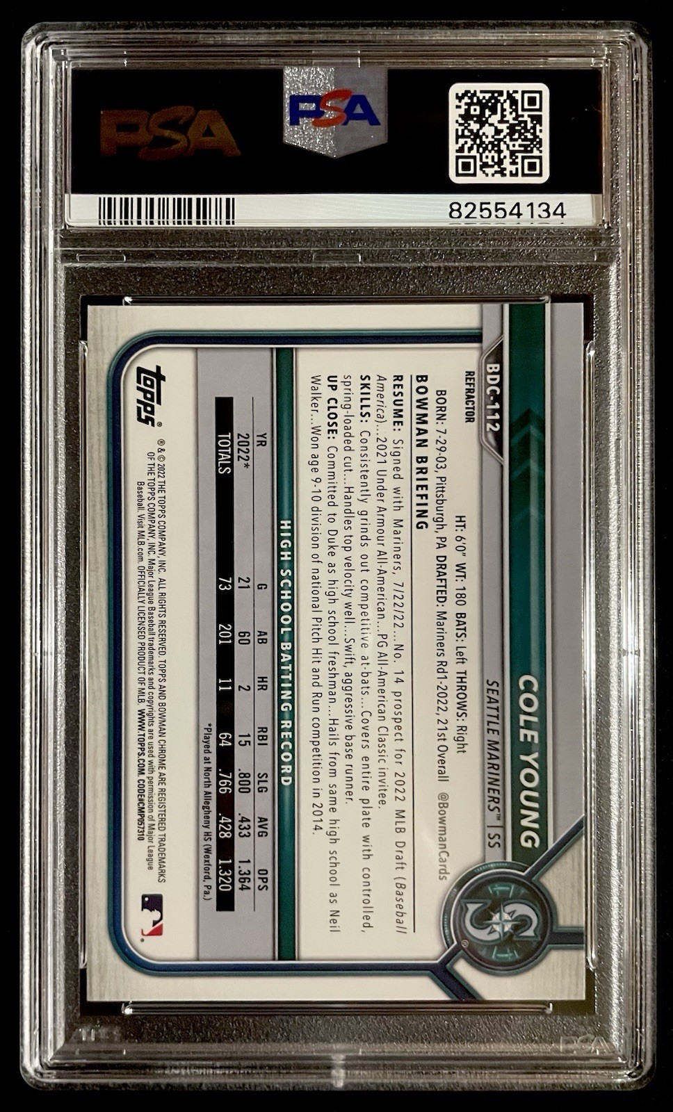 Cole Young 2022 Bowman Draft Chrome Refractor PSA 10 Rookie RC #BDC112 Mariners