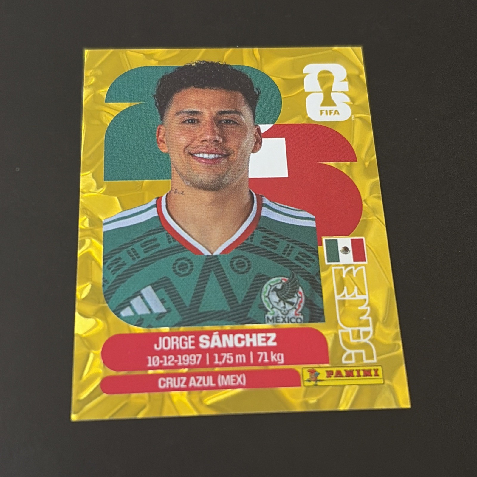 Jorge Sanchez Panini World Cup 2026 Gold Crumple Parallel Sticker Soccer Mex4