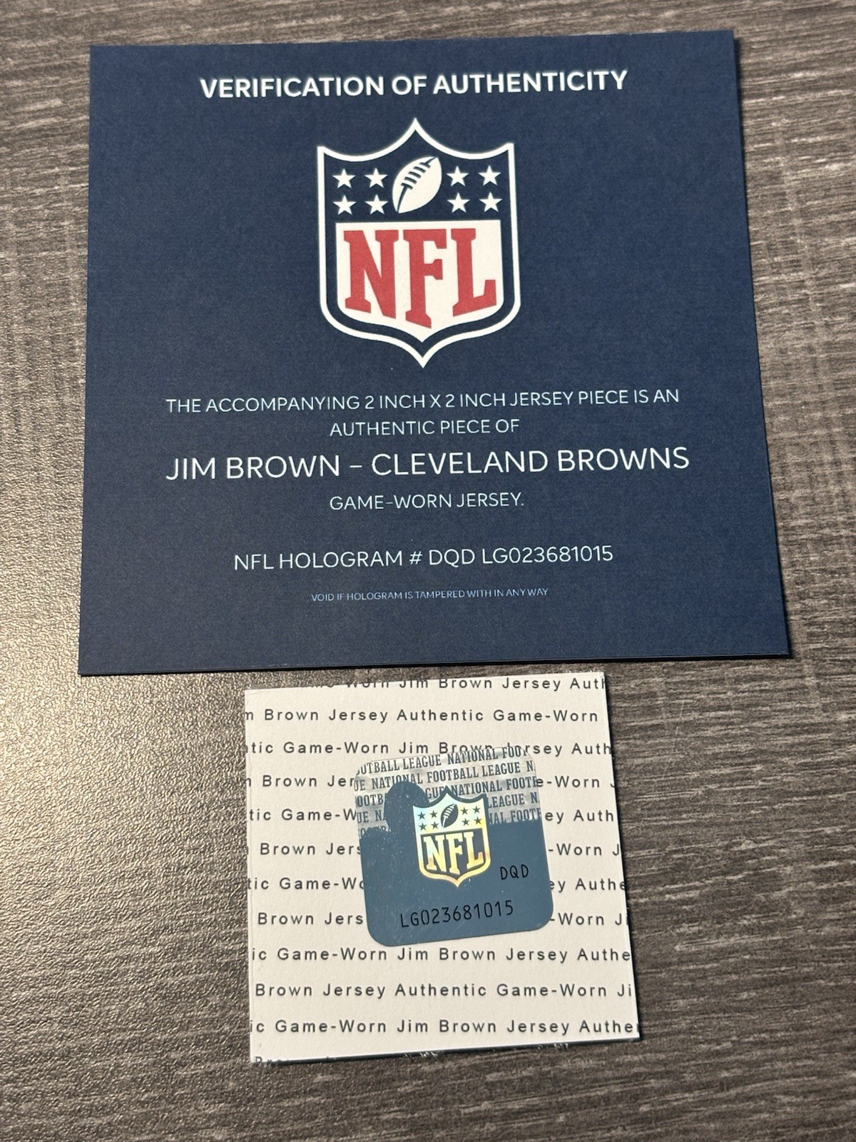 JIM BROWN GAME USED WORN PATCH NFL COA HOLOGRAM CLEVELAND BROWNS HOF GOAT RB
