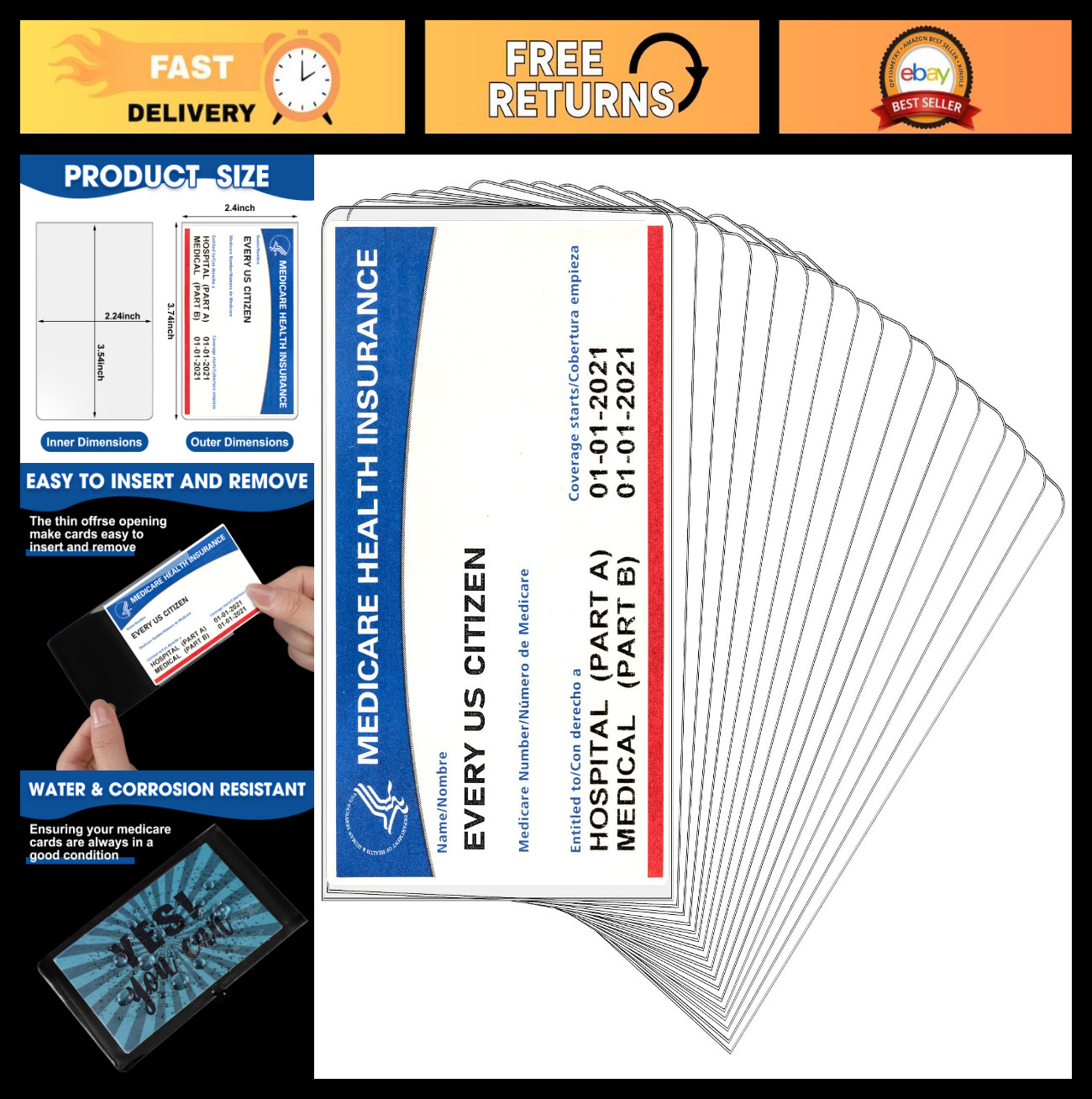200 Clear PVC Medicare Card Holder Sleeves – 12 Mil Waterproof Vaccine Protector
