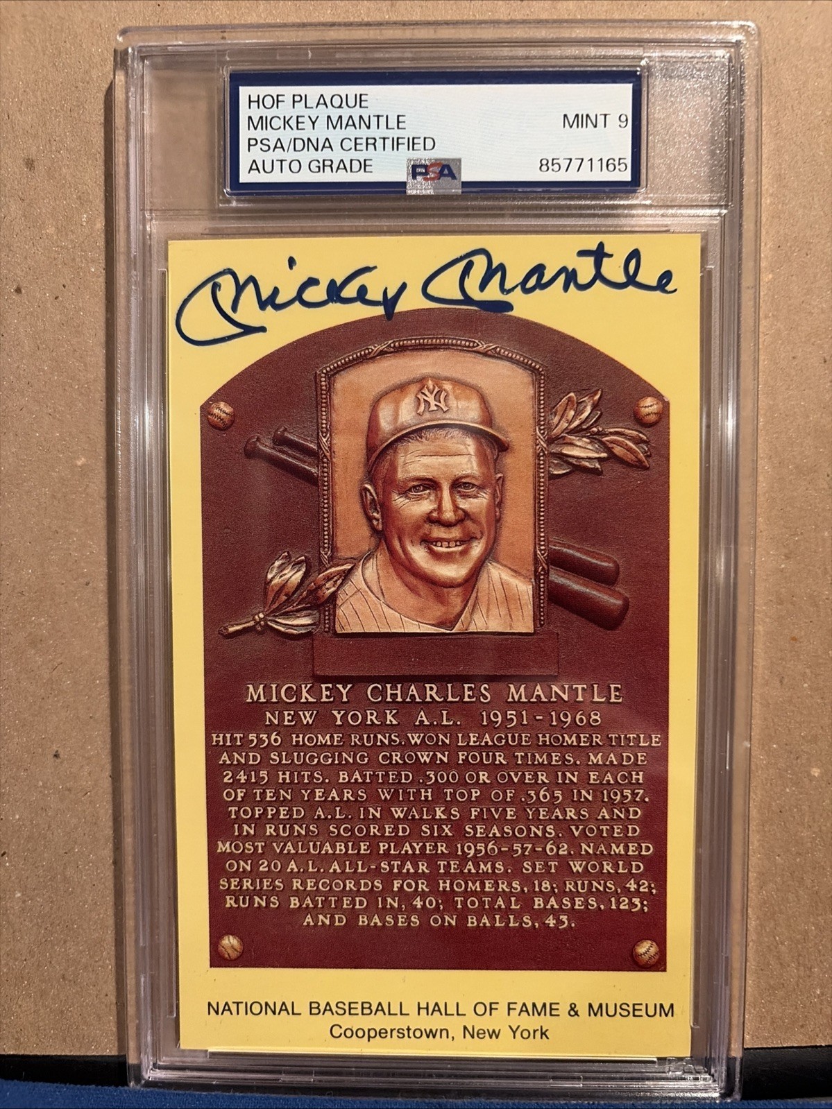 Mickey Mantle Signed HOF Plaque Post Card Encapsulated PSA/DNA Mint 9