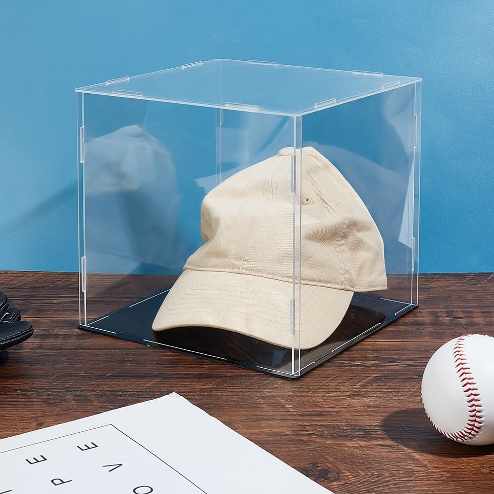 Display Case Clear Cube Baseball Holder Hat Box with Black Base